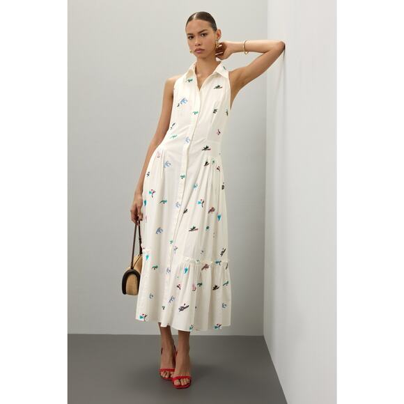 PRABAL GURUNG White Floral Sleeveless Embroidered Cotton Midi Dress Size 10 - Picture 1 of 11